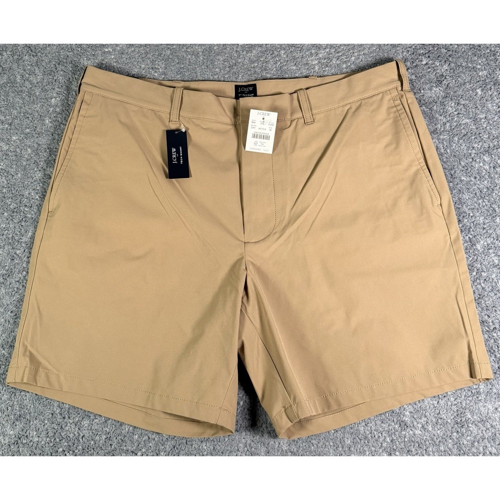 NWT J Crew Tech Shorts Mens 36 7" Inseam Dark Khaki Tan Moisture Wicking Stretch
